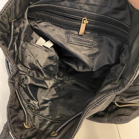 Neiman Marcus Designer Backpack Black PVC Nylon Travel Day Bag Silvertone Logo - Picture 9 of 11